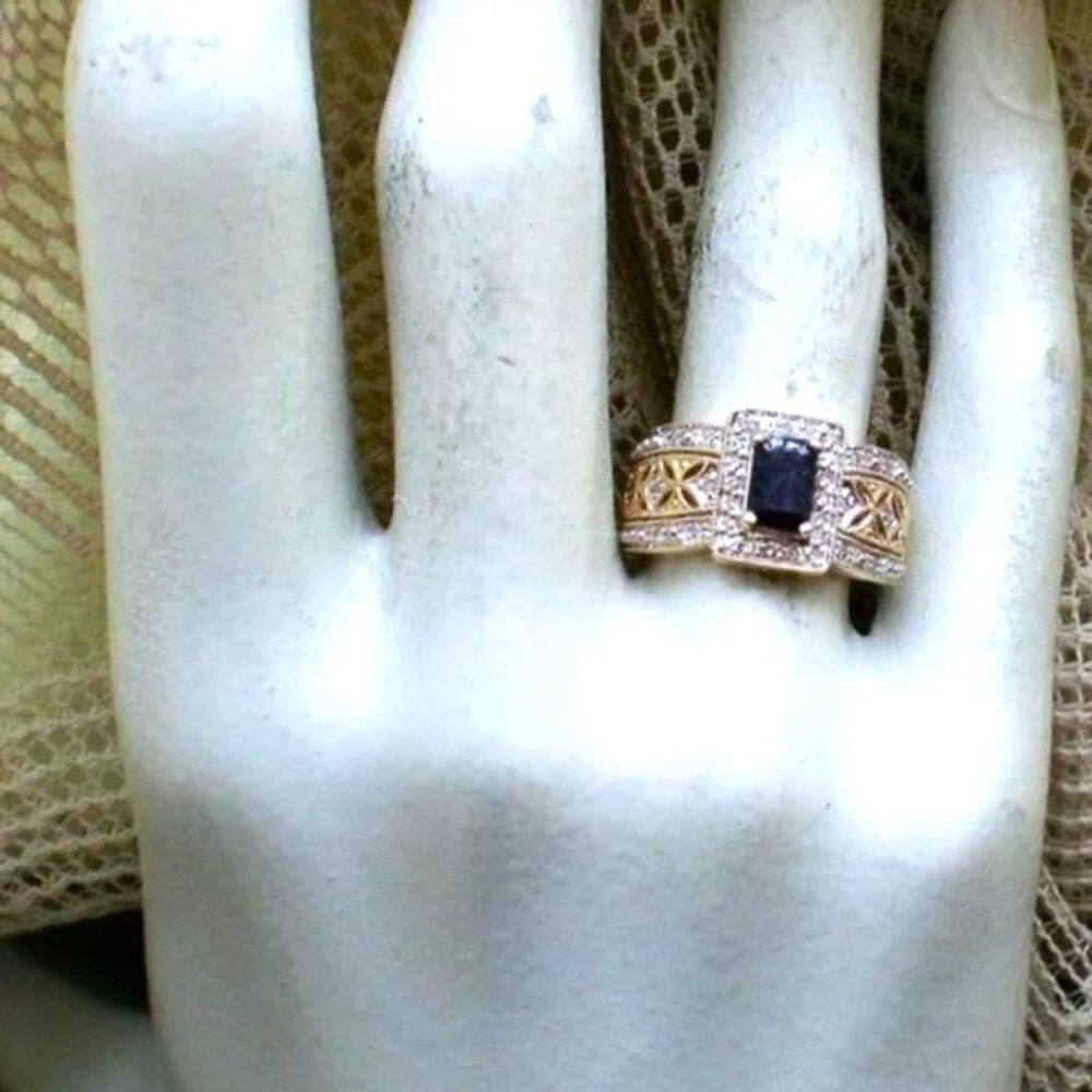 Designer 14K Yellow Gold Sapphire Diamond Halo Cluster Filigree Ring P - Picture 7 of 8
